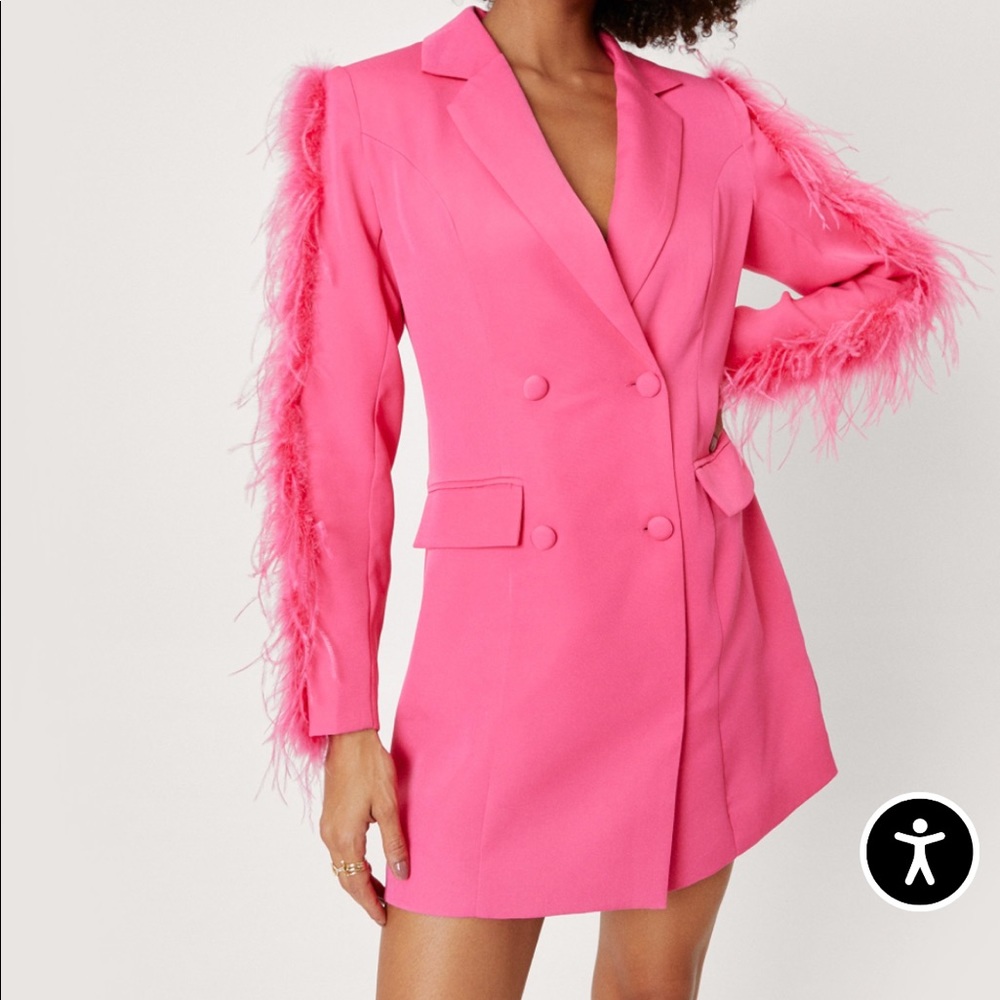Nasty Gal hot pink blazer dress with feathers